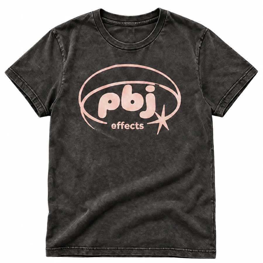 Charcoal Studio Tee with a pale pink PBJ Effects logo