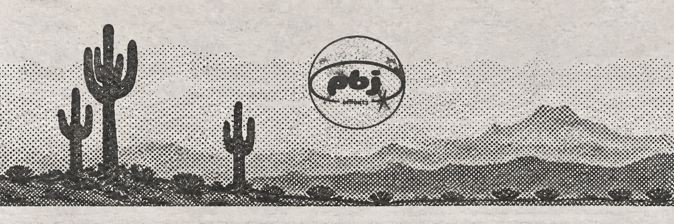 PBJ Effects logo centered over a desert landscape with cacti